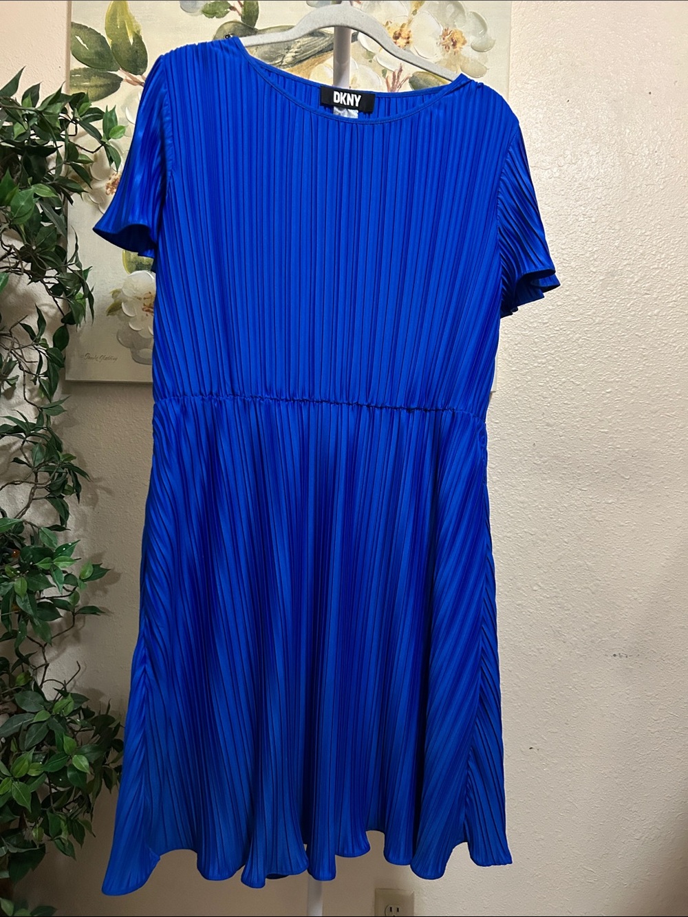 DKNY Royal Blue Pleated Short Sleeve Dress